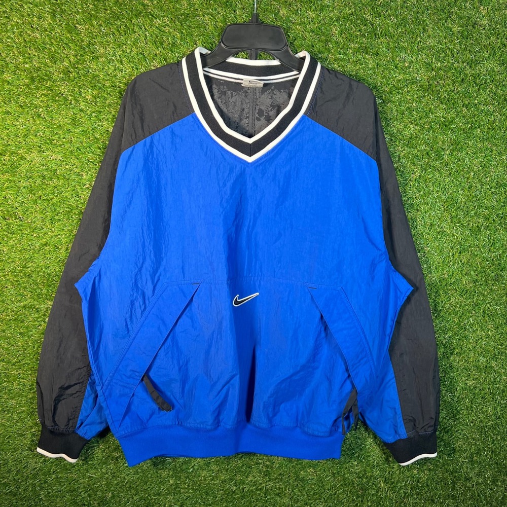 Vintage‎ Nike 90s V-Neck Windbreaker Pullover Blue Black Mens Medium